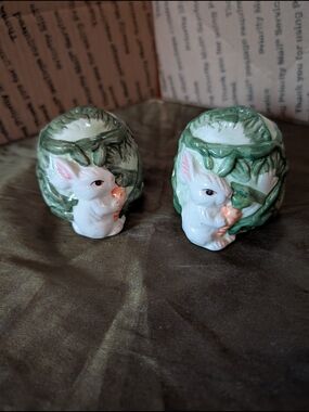 White Bunny Ceramic Egg Cup Set with Green Leaf Accents